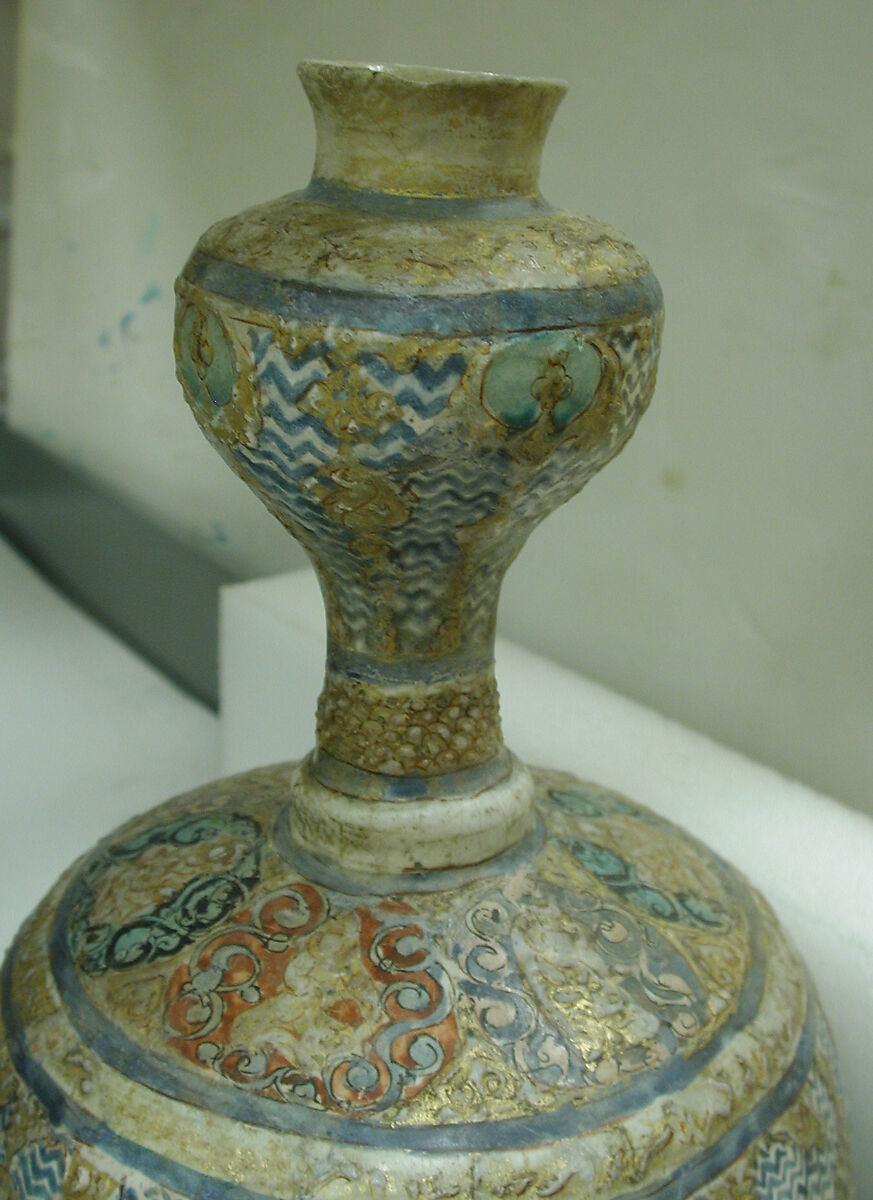 Gilded Mina'i Ceramic, Stonepaste; applied decoration, polychrome inglaze and overglaze painted and gilded on opaque monochrome glaze (mina'i)