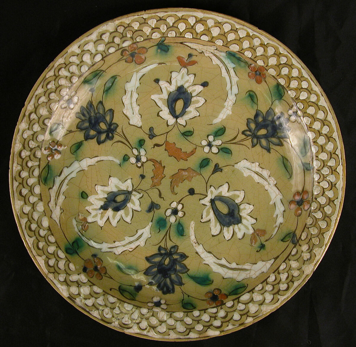 Dish with Floral Designs on an Olive Background, Stonepaste; polychrome painted under transparent glaze (Kubachi ware) 