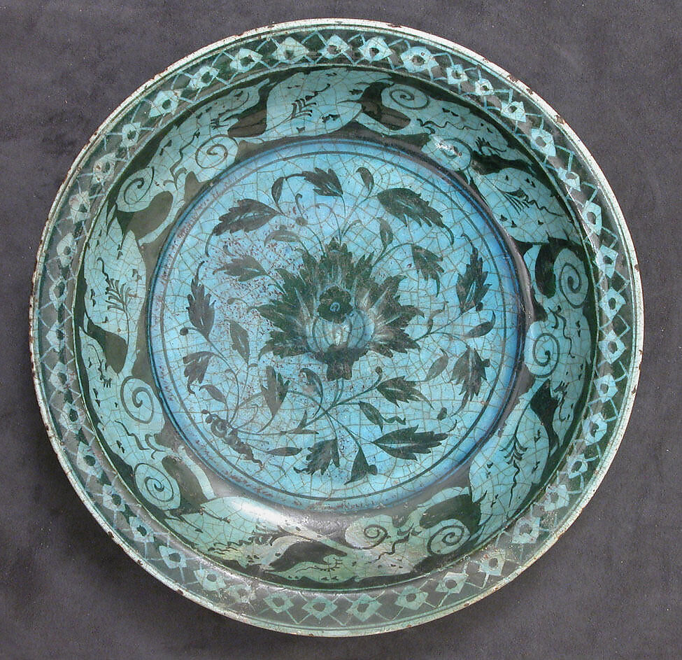Bowl, Stonepaste; painted in black under turquoise glaze 