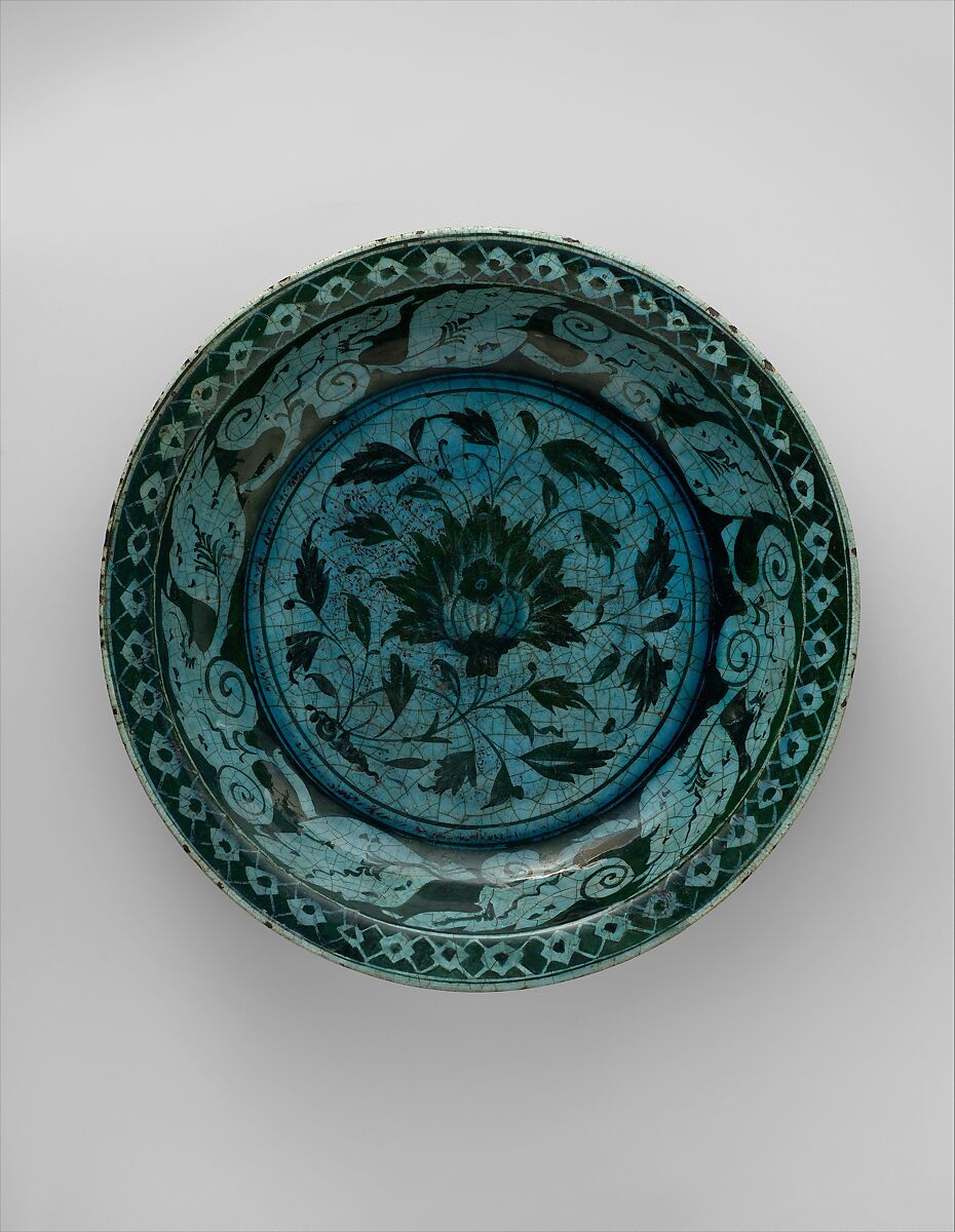 Bowl, Stonepaste; painted in black under turquoise glaze