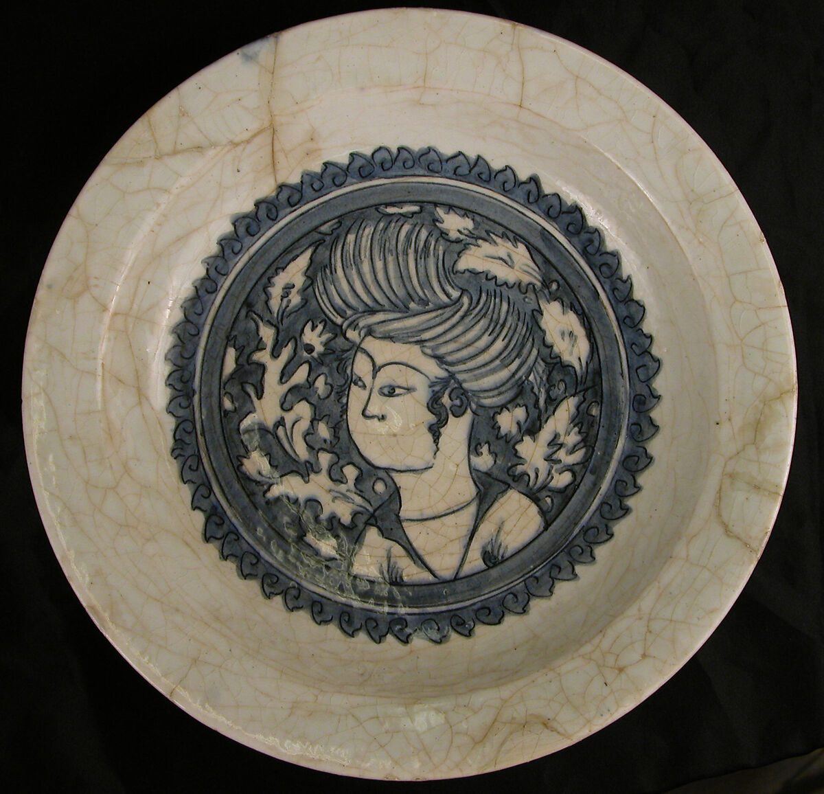 Dish with a Portrait of a Man, Stonepaste; painted in blue under transparent glaze (Kubachi ware) 