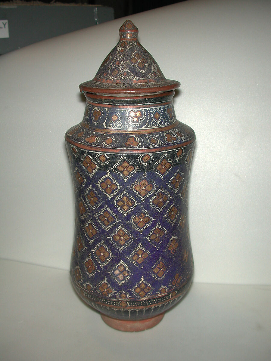 Covered Jar (Albarello), Stonepaste; overglaze painted and leaf gilded (lajvardina)