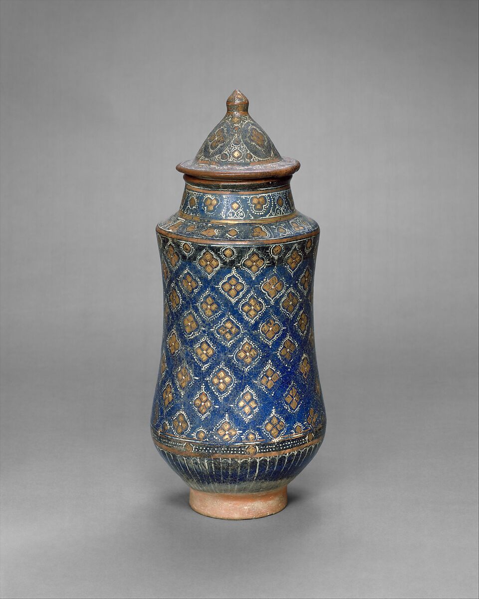 Covered Jar (Albarello), Stonepaste; overglaze painted and leaf gilded (lajvardina)