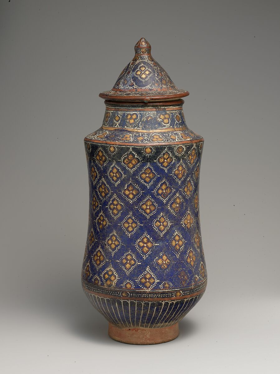 Covered Jar (Albarello), Stonepaste; overglaze painted and leaf gilded (lajvardina) 