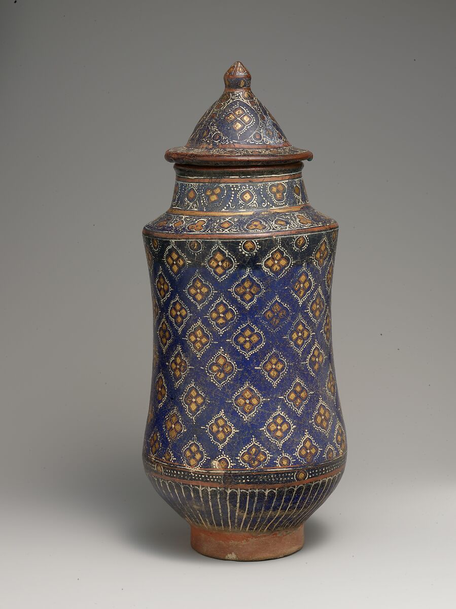 Covered Jar (Albarello), Stonepaste; overglaze painted and leaf gilded (lajvardina)
