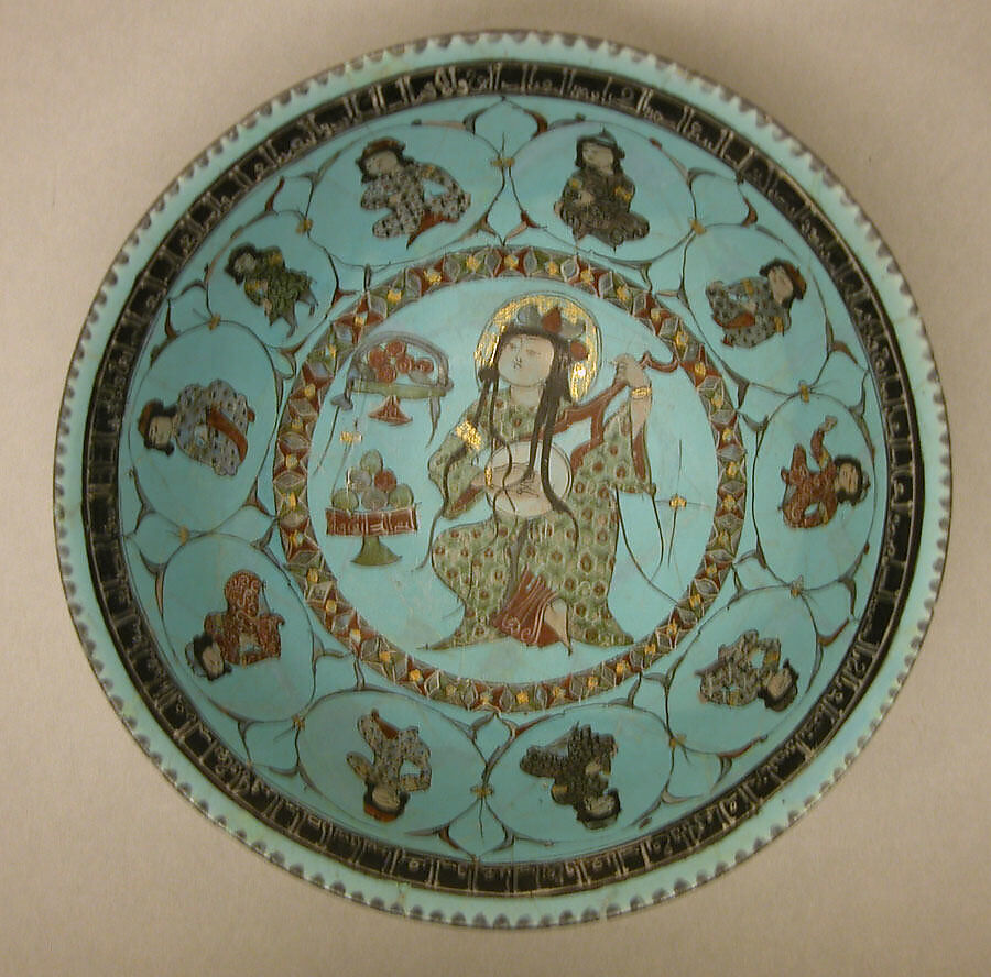Turquoise Bowl with Lute Player and Audience, Stonepaste; glazed (opaque monochrome), in-glaze- and overglaze-painted, gilded