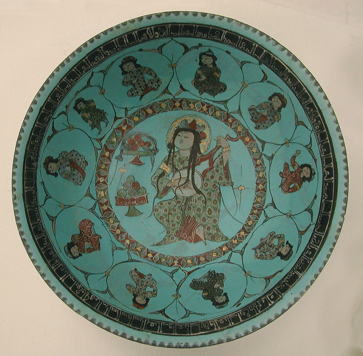 Turquoise Bowl with Lute Player and Audience, Stonepaste; glazed (opaque monochrome), in-glaze- and overglaze-painted, gilded