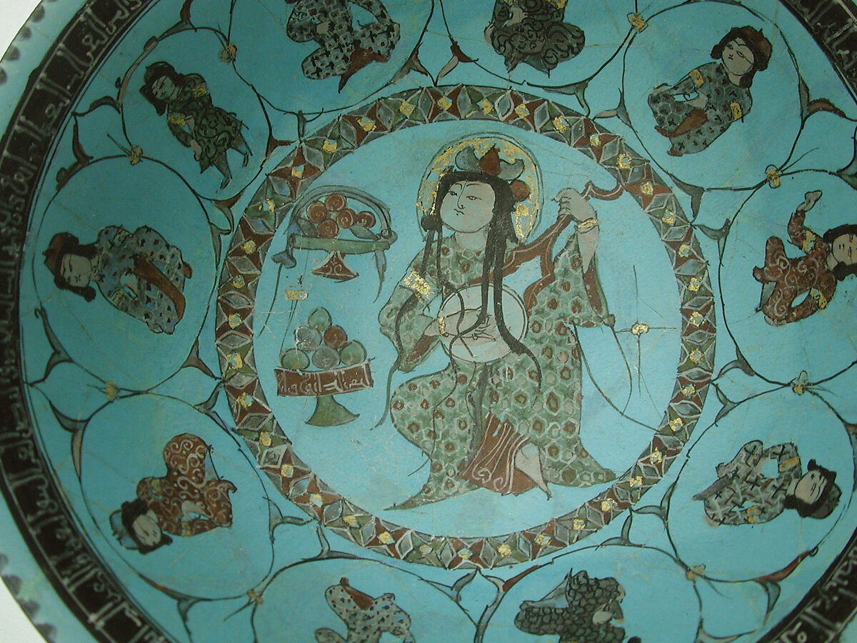 Turquoise Bowl with Lute Player and Audience, Stonepaste; glazed (opaque monochrome), in-glaze- and overglaze-painted, gilded