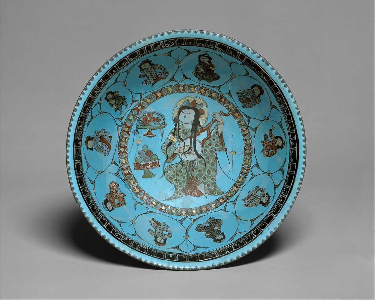 Turquoise Bowl with Lute Player and Audience, Stonepaste; glazed (opaque monochrome), in-glaze- and overglaze-painted, gilded