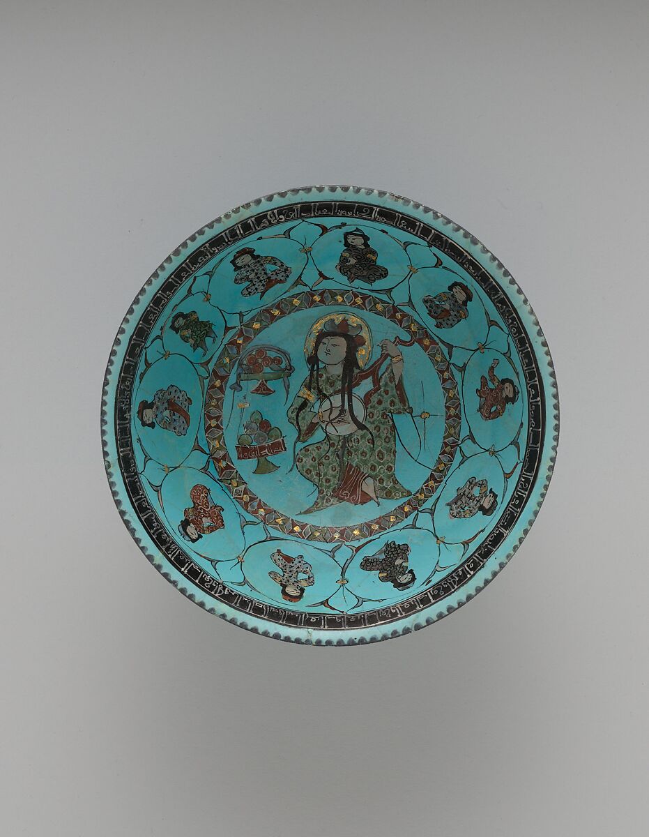 Turquoise Bowl with Lute Player and Audience, Stonepaste; glazed (opaque monochrome), in-glaze- and overglaze-painted, gilded 