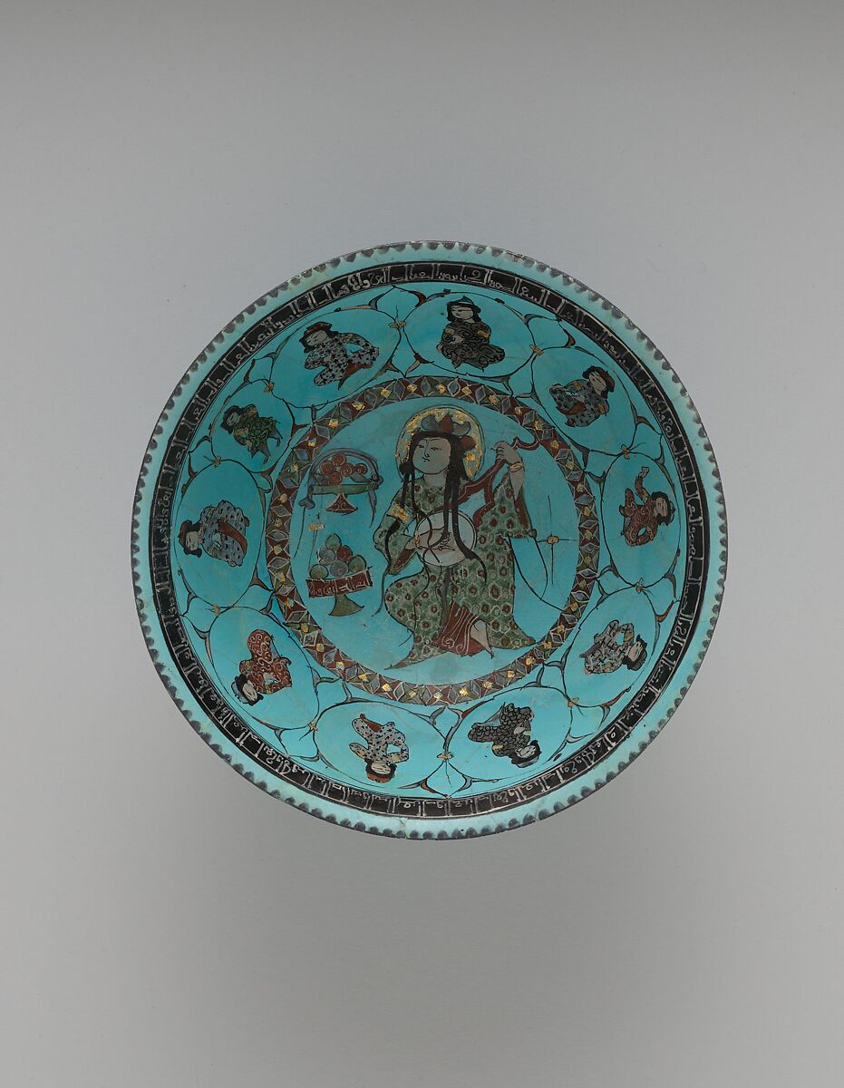 Turquoise Bowl with Lute Player and Audience, Stonepaste; glazed (opaque monochrome), in-glaze- and overglaze-painted, gilded