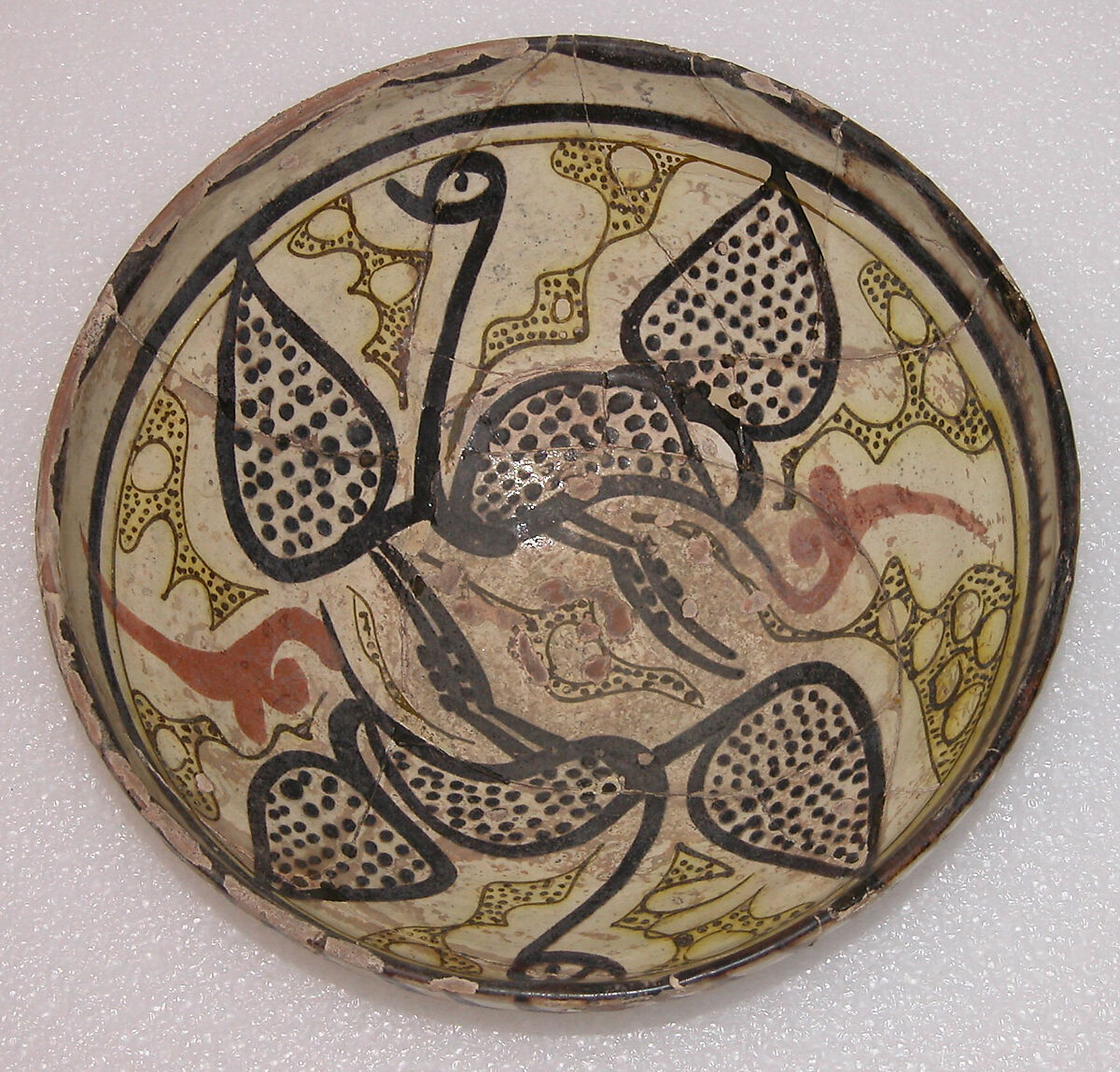 Bowl, Earthenware; white slip with "yellow-staining black" decoration.
