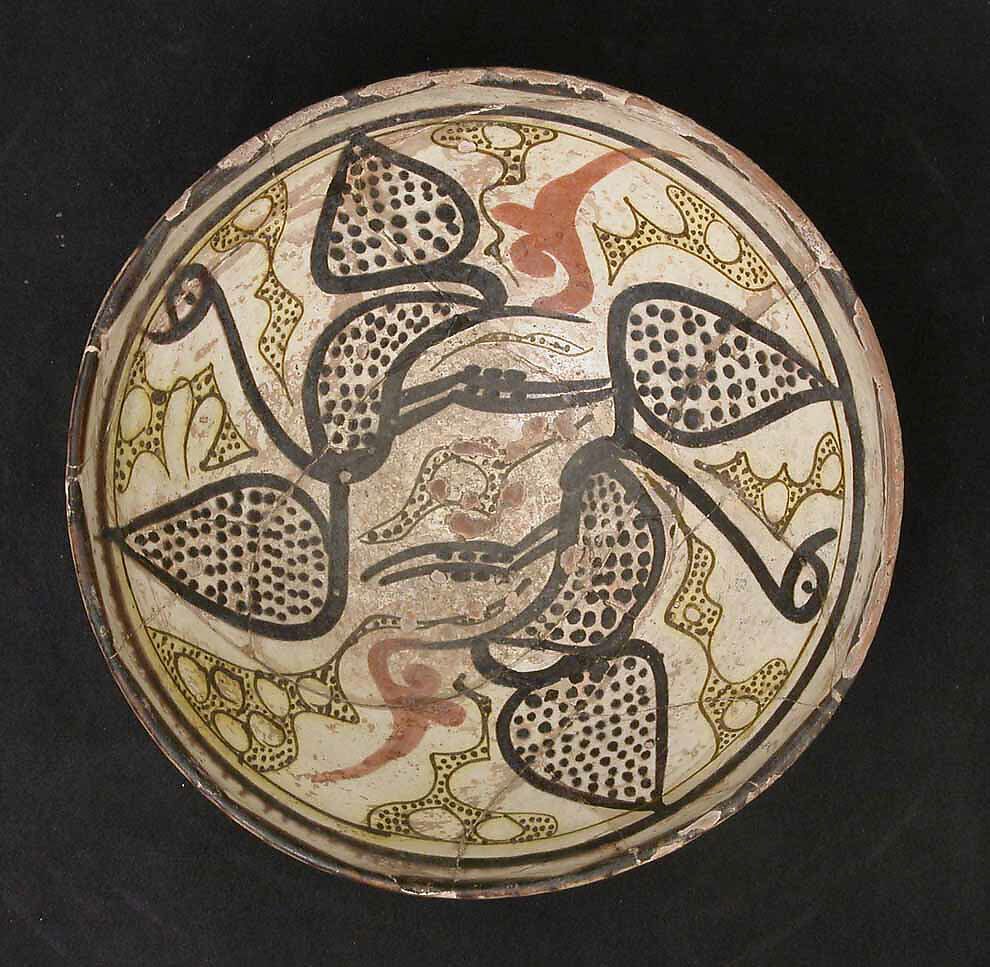 Bowl, Earthenware; white slip with "yellow-staining black" decoration. 