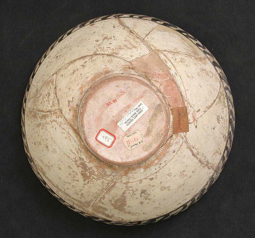 Bowl, Earthenware; white slip with "yellow-staining black" decoration.