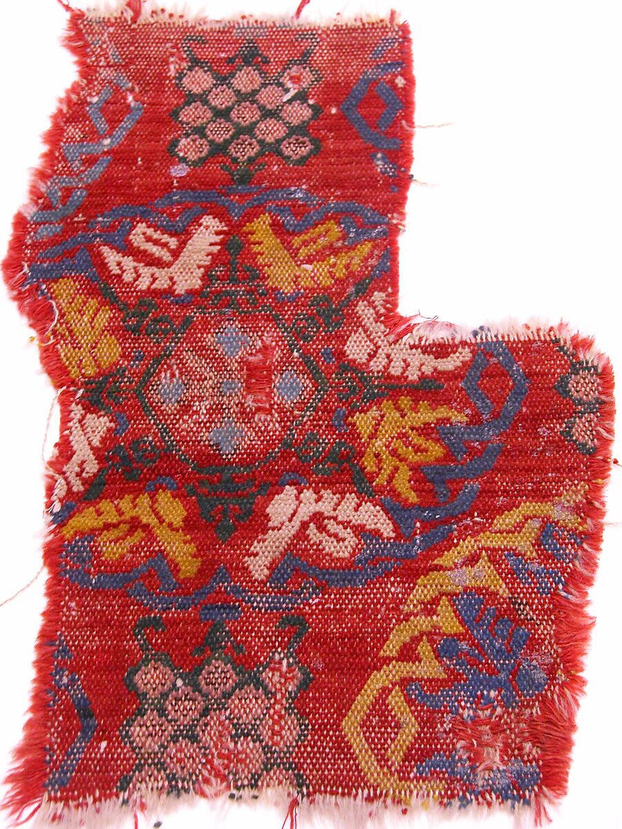 Carpet Fragment, Wool (warp, weft and pile); single-warp (Spanish) knotted pile 
