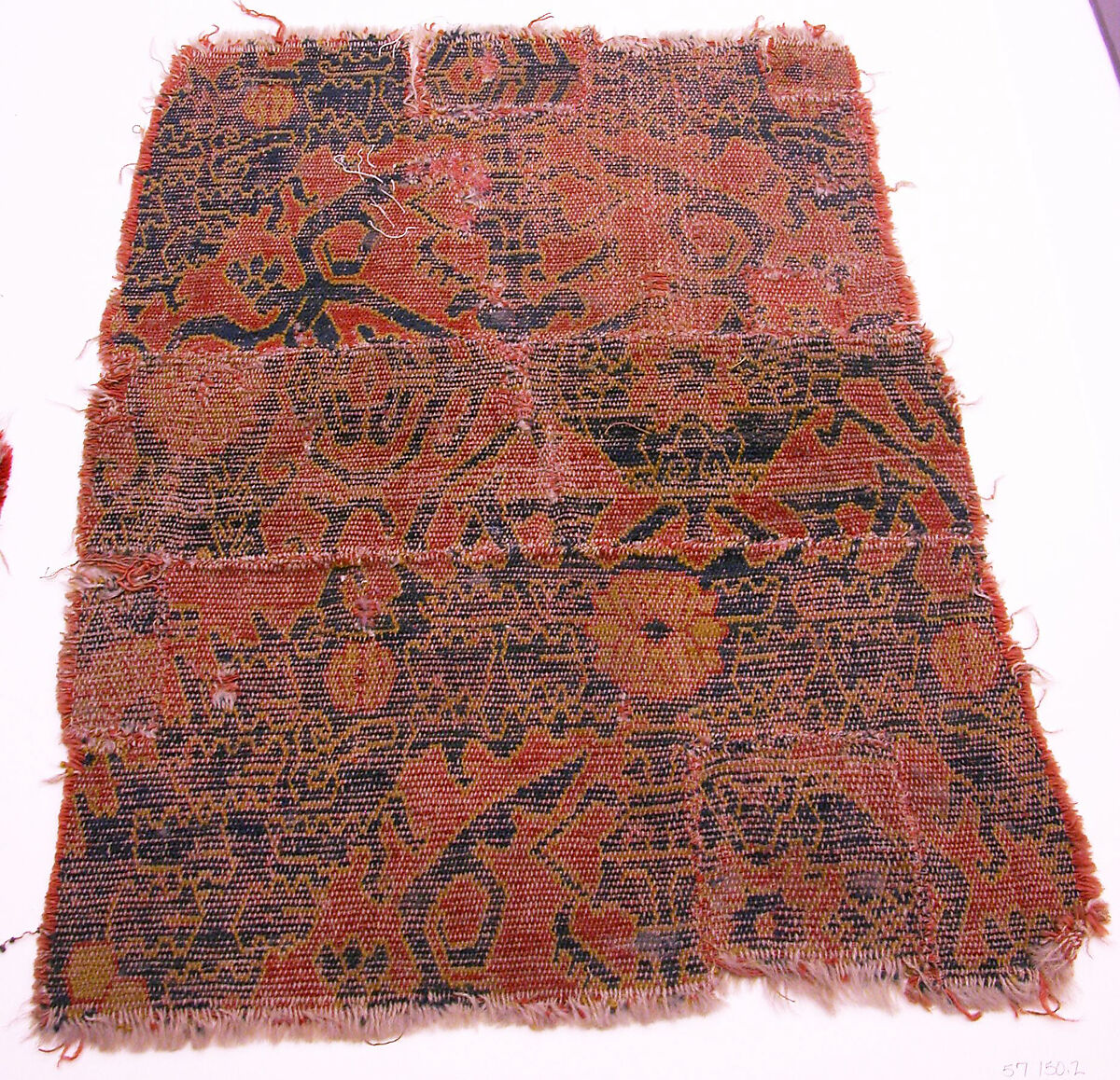 Carpet Fragment, Wool (warp, weft and pile); single-warp (Spanish) knotted pile 