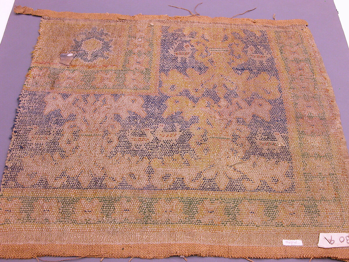 Carpet Fragment, Wool (warp, weft and pile); single-warp (Spanish) knotted pile 