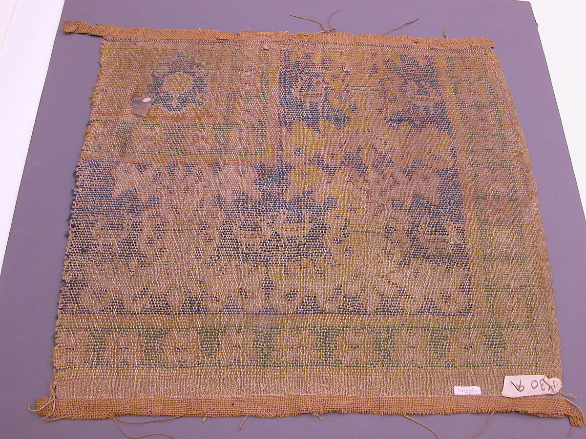 Carpet Fragment, Wool (warp, weft and pile); single-warp (Spanish) knotted pile