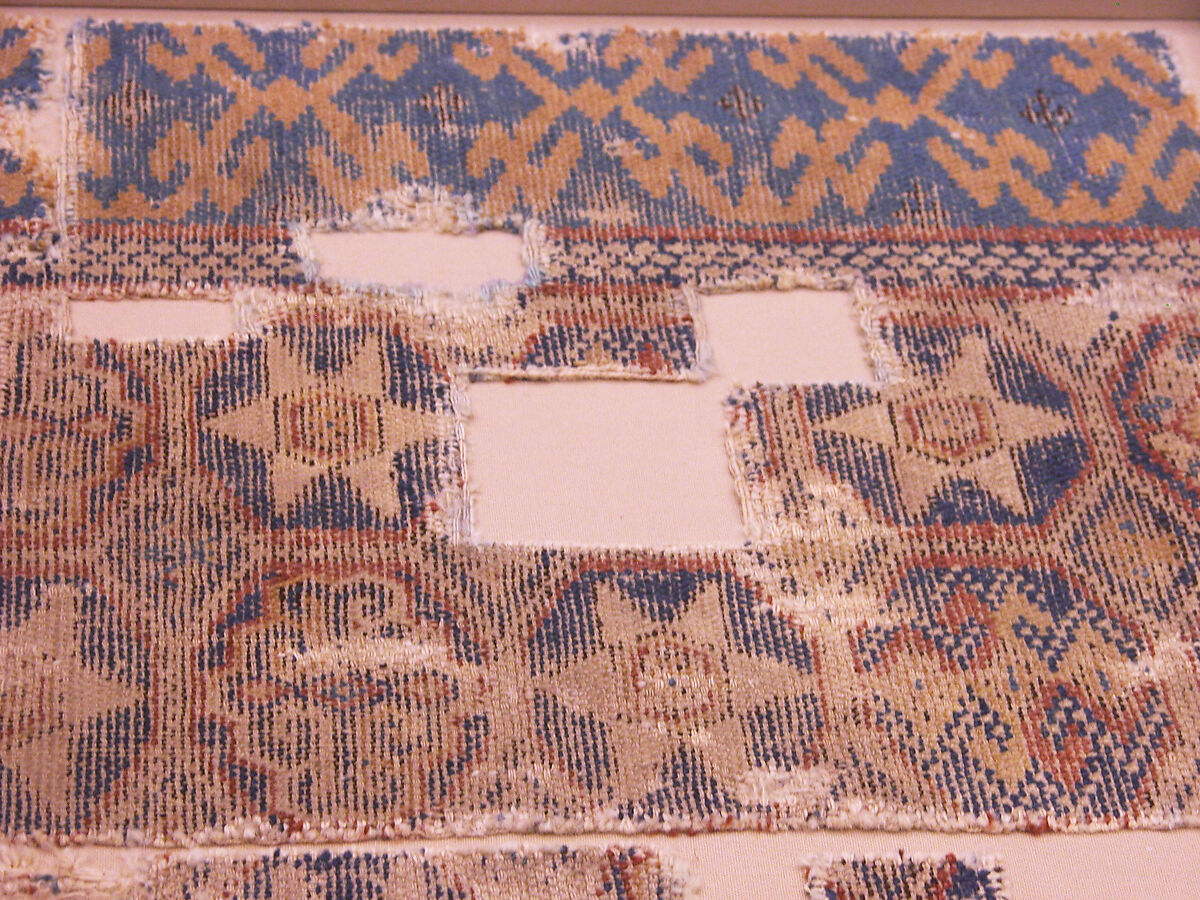 Joined Carpet Fragments, Wool (warp, weft and pile); single-warp (Spanish) knotted pile