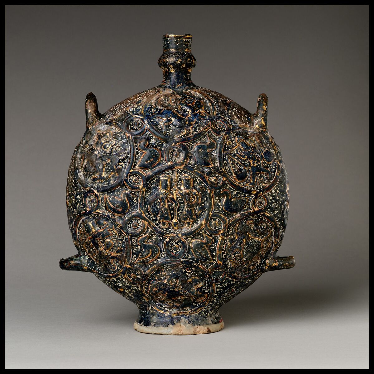 Flask with Zodiac Medallions, Stonepaste; molded, blue-glazed, overpainted, and gilded 