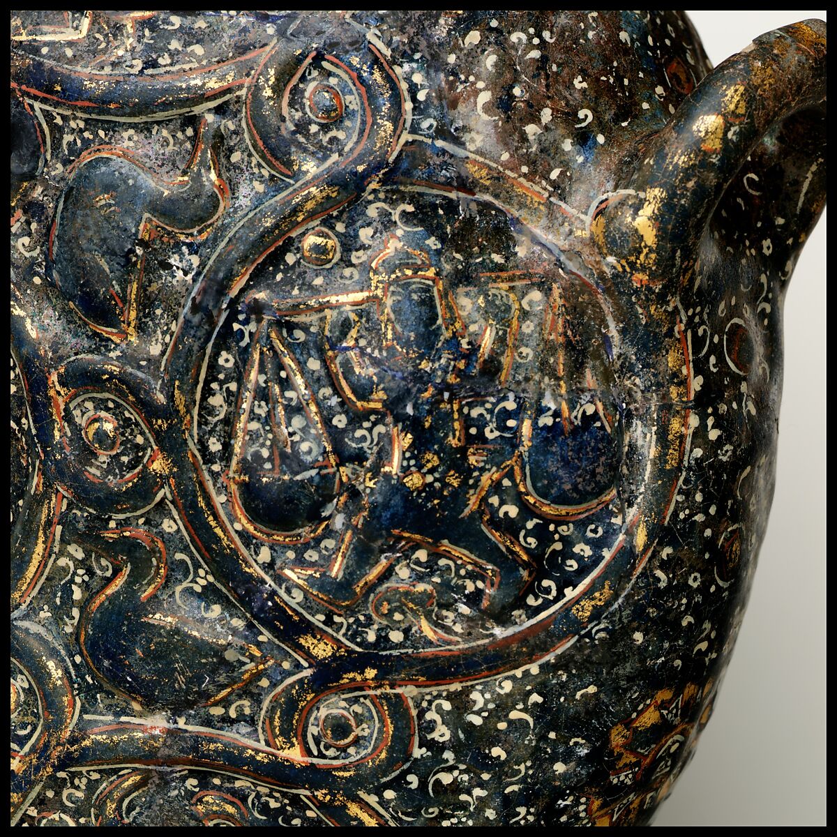 Flask with Zodiac Medallions, Stonepaste; molded, blue-glazed, overpainted, and gilded