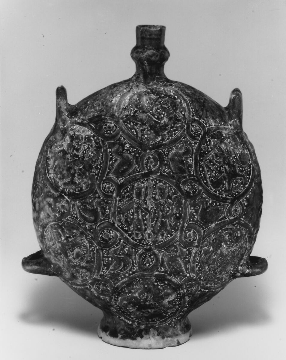 Flask with Zodiac Medallions, Stonepaste; molded, blue-glazed, overpainted, and gilded