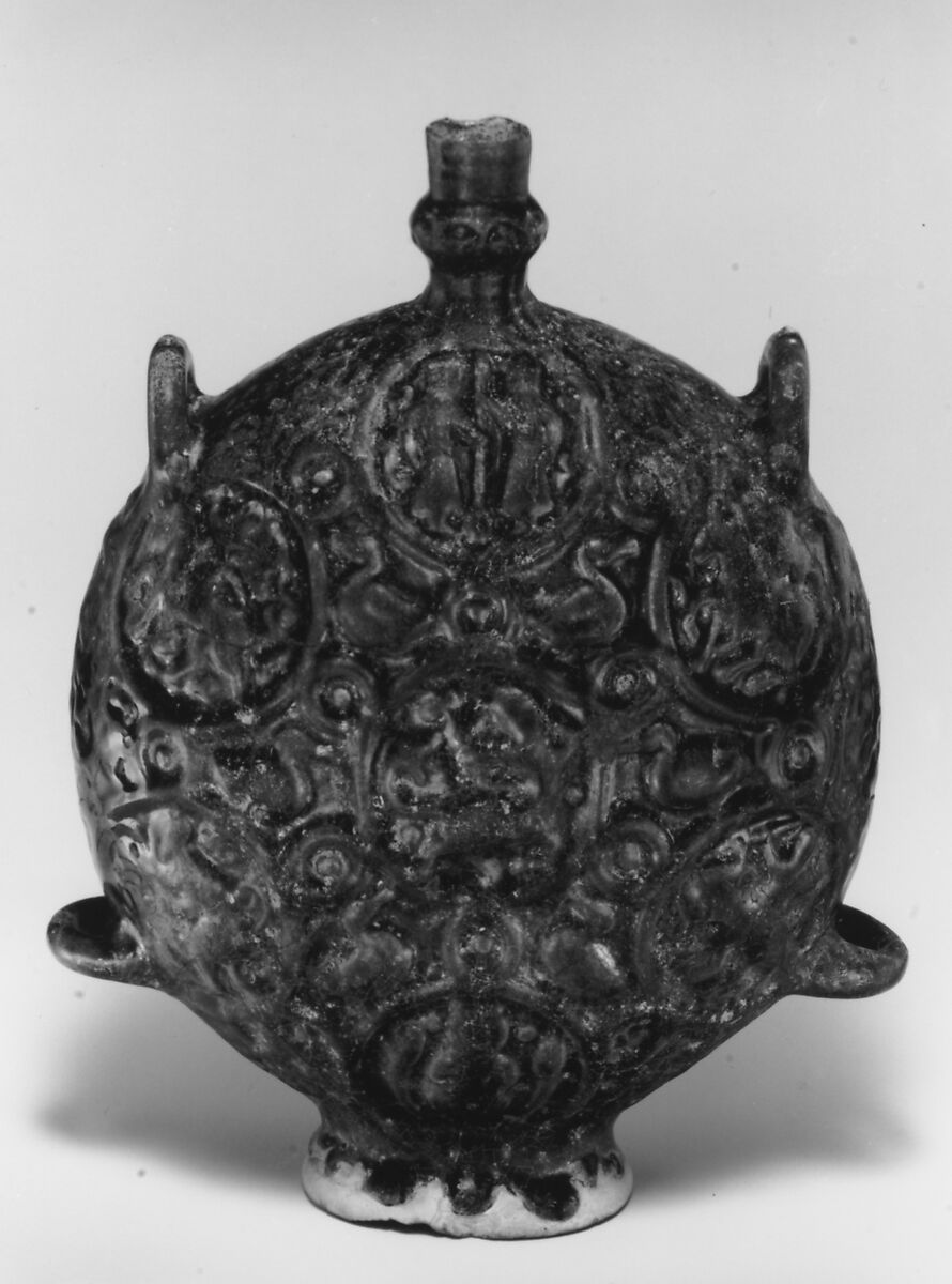 Flask with Zodiac Medallions, Stonepaste; molded, blue-glazed, overpainted, and gilded