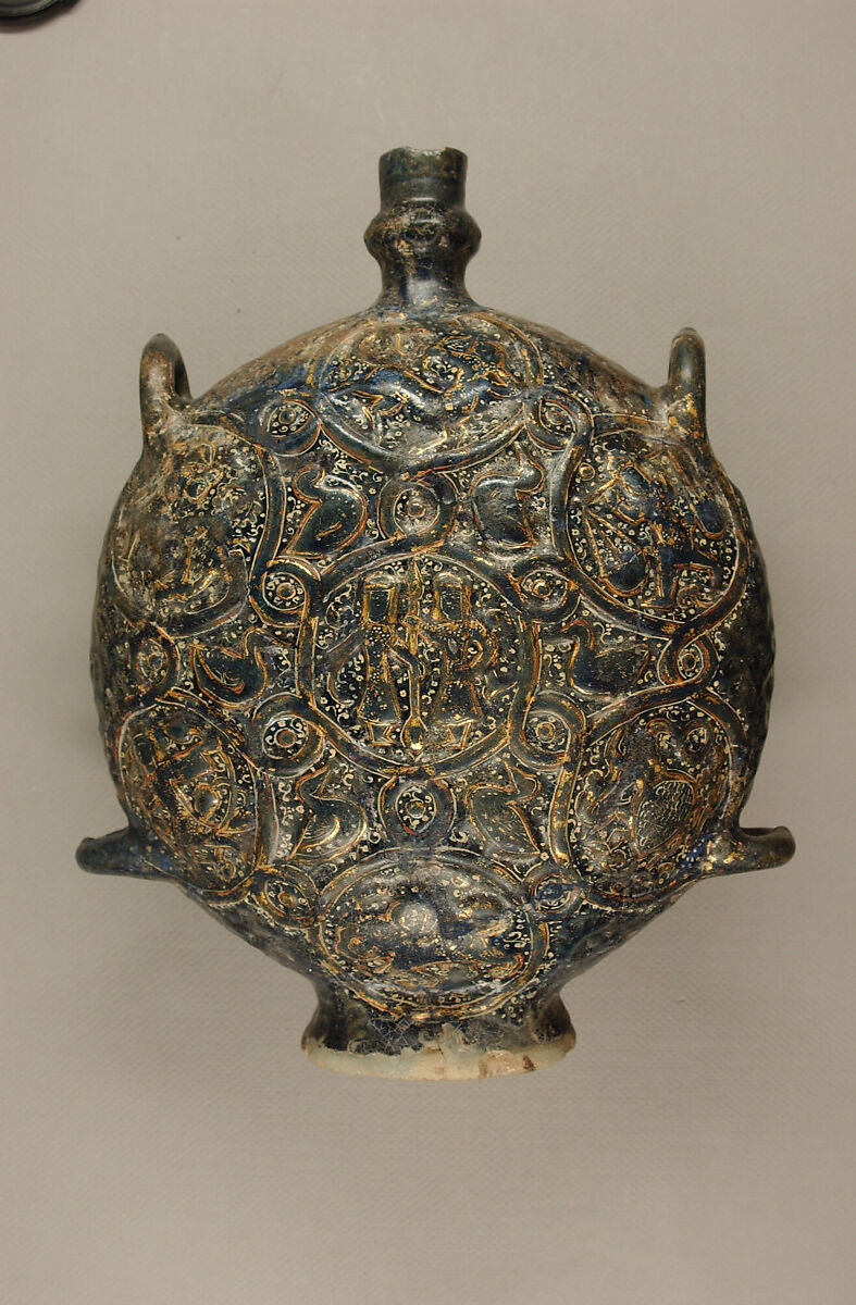Flask with Zodiac Medallions, Stonepaste; molded, blue-glazed, overpainted, and gilded