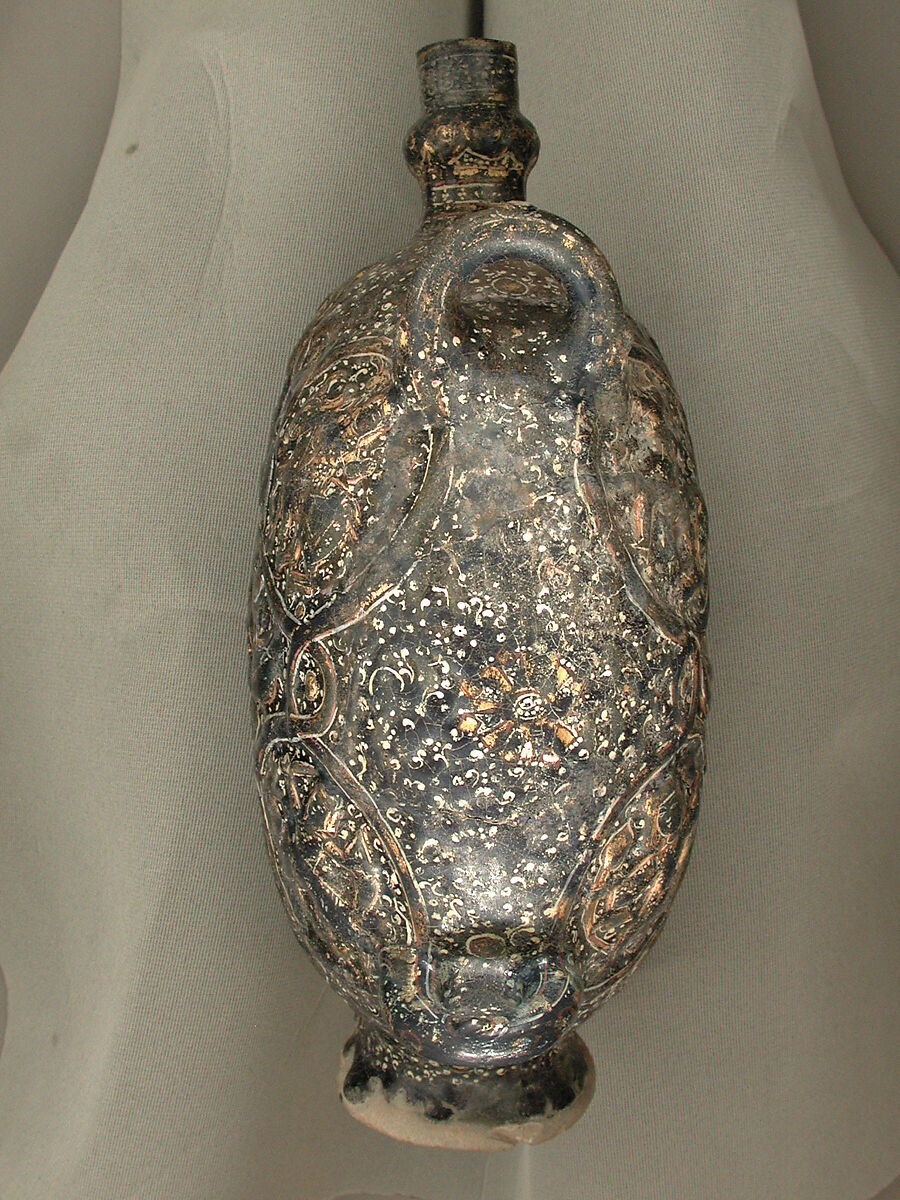 Flask with Zodiac Medallions, Stonepaste; molded, blue-glazed, overpainted, and gilded
