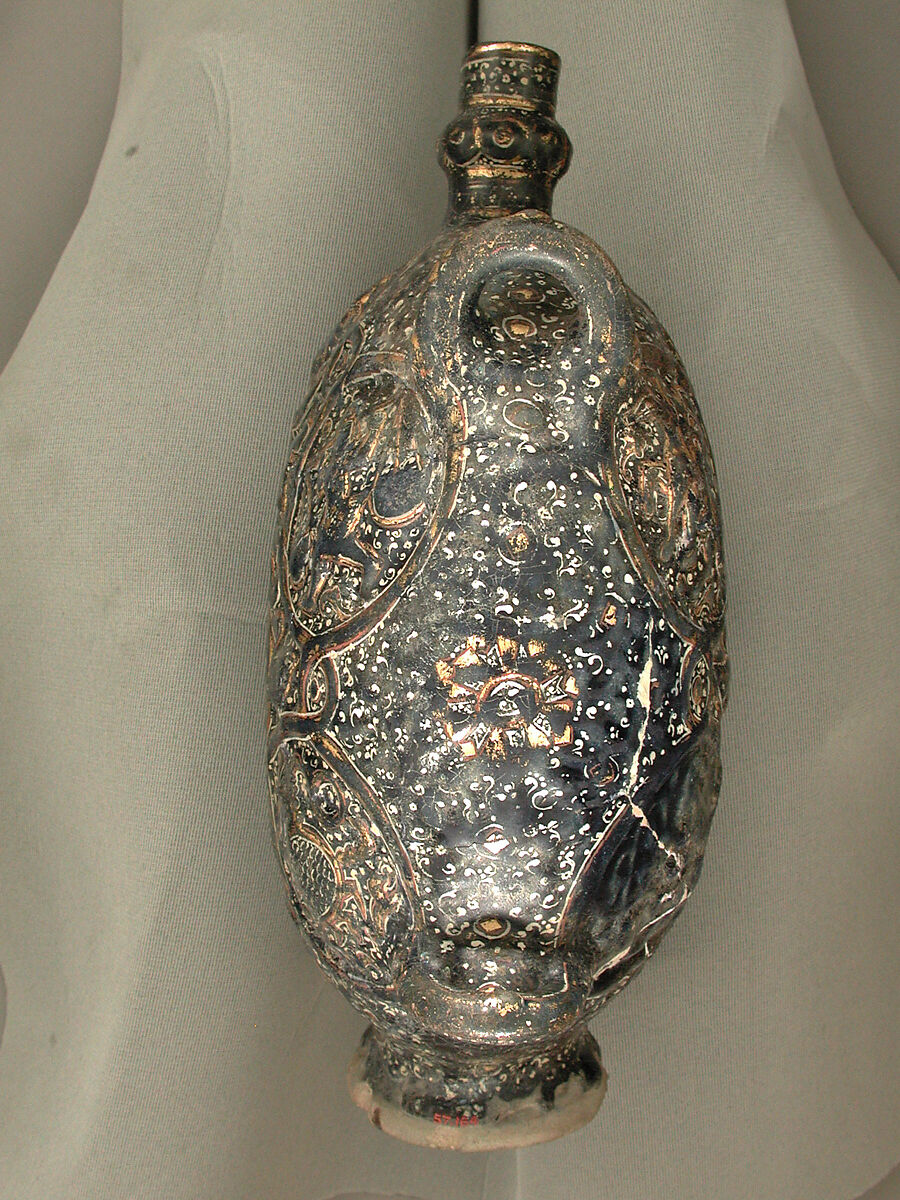 Flask with Zodiac Medallions, Stonepaste; molded, blue-glazed, overpainted, and gilded
