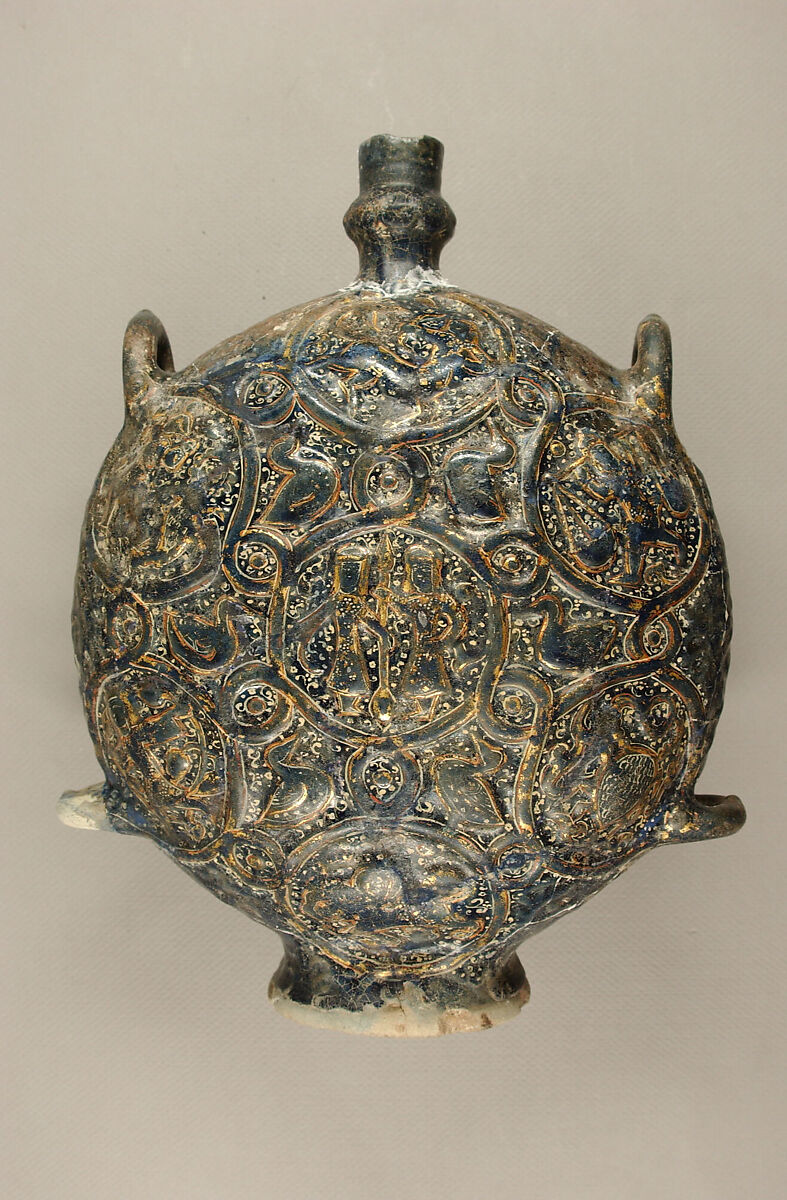 Flask with Zodiac Medallions, Stonepaste; molded, blue-glazed, overpainted, and gilded