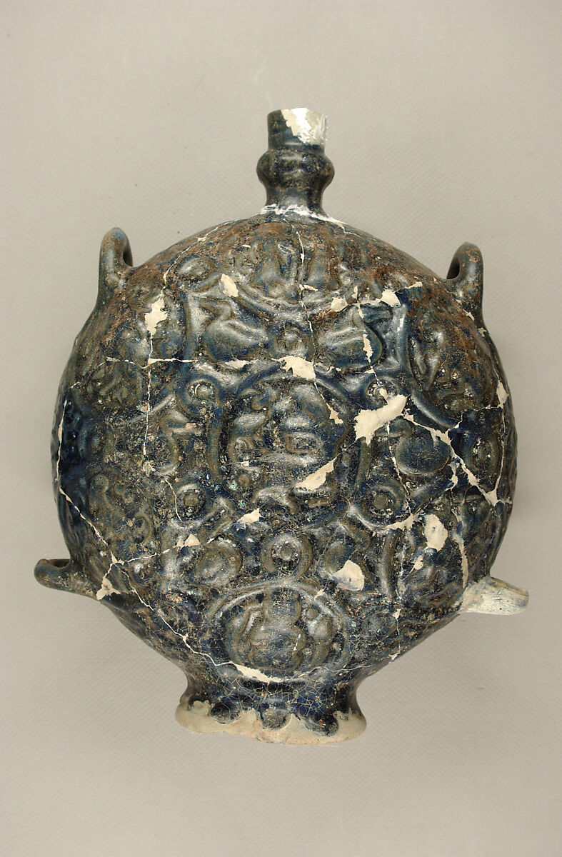 Flask with Zodiac Medallions, Stonepaste; molded, blue-glazed, overpainted, and gilded