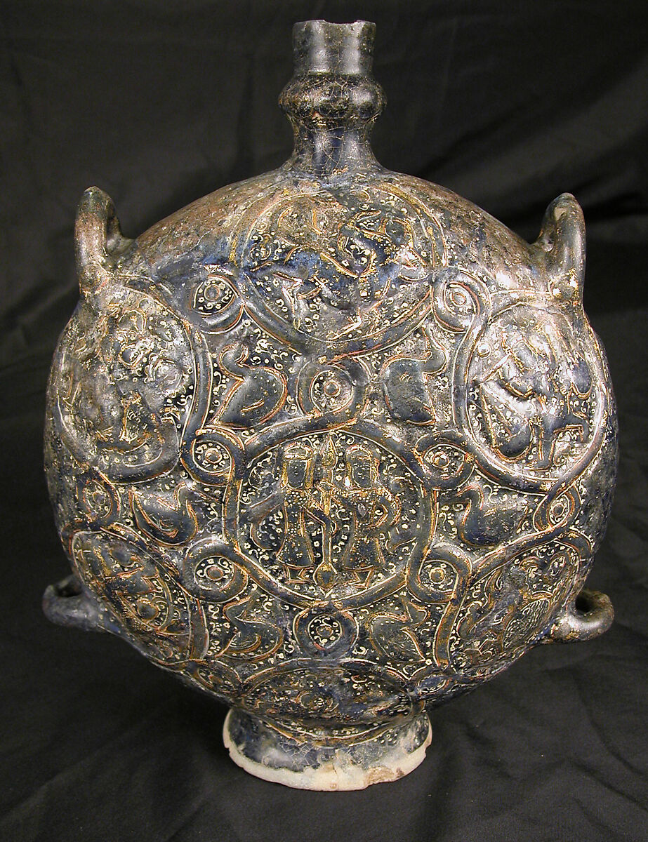 Flask with Zodiac Medallions, Stonepaste; molded, blue-glazed, overpainted, and gilded