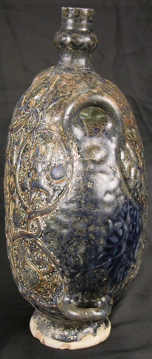 Flask with Zodiac Medallions, Stonepaste; molded, blue-glazed, overpainted, and gilded