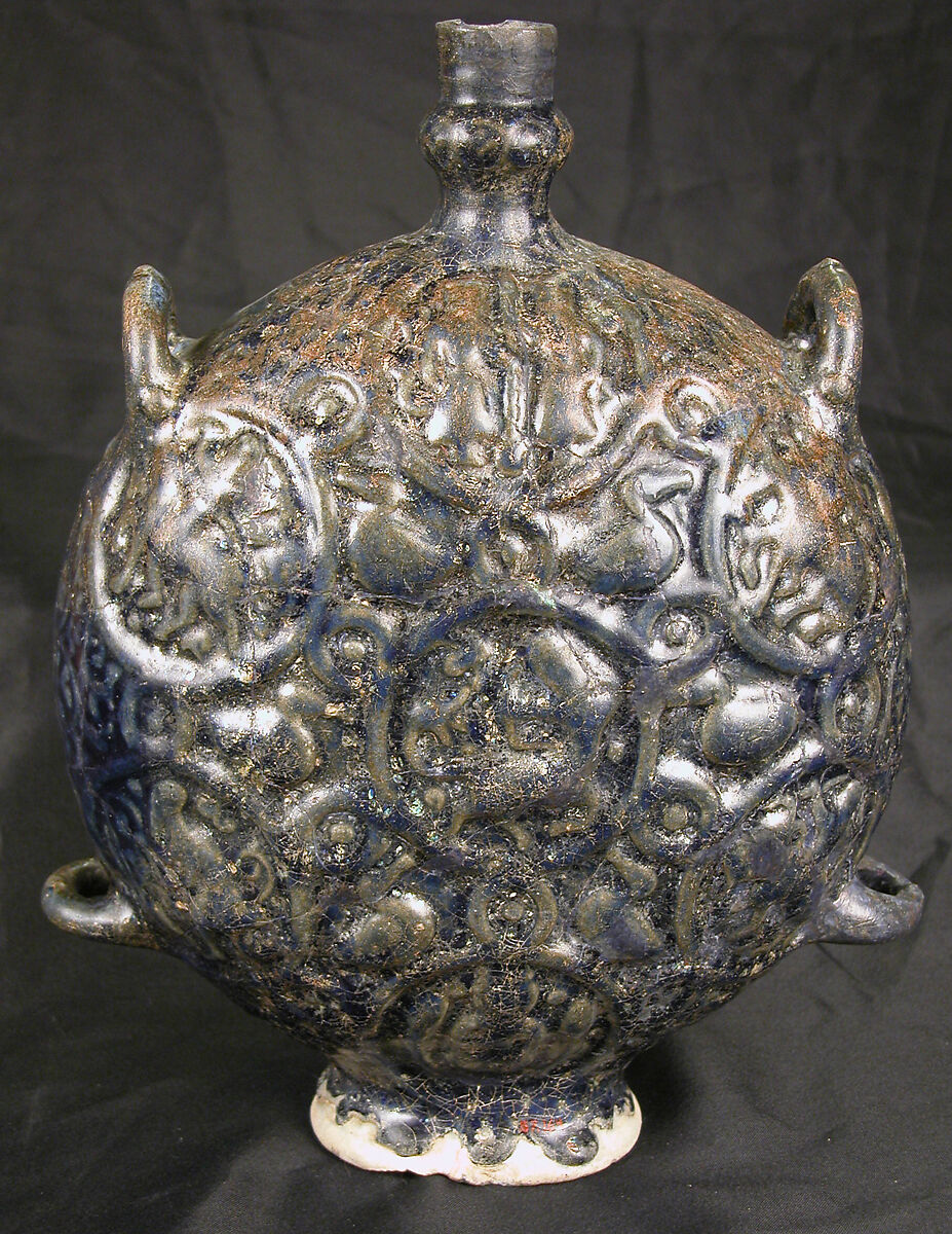 Flask with Zodiac Medallions, Stonepaste; molded, blue-glazed, overpainted, and gilded