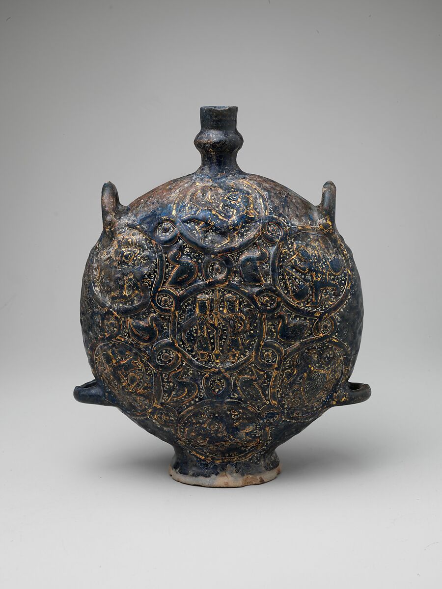 Flask with Zodiac Medallions, Stonepaste; molded, blue-glazed, overpainted, and gilded