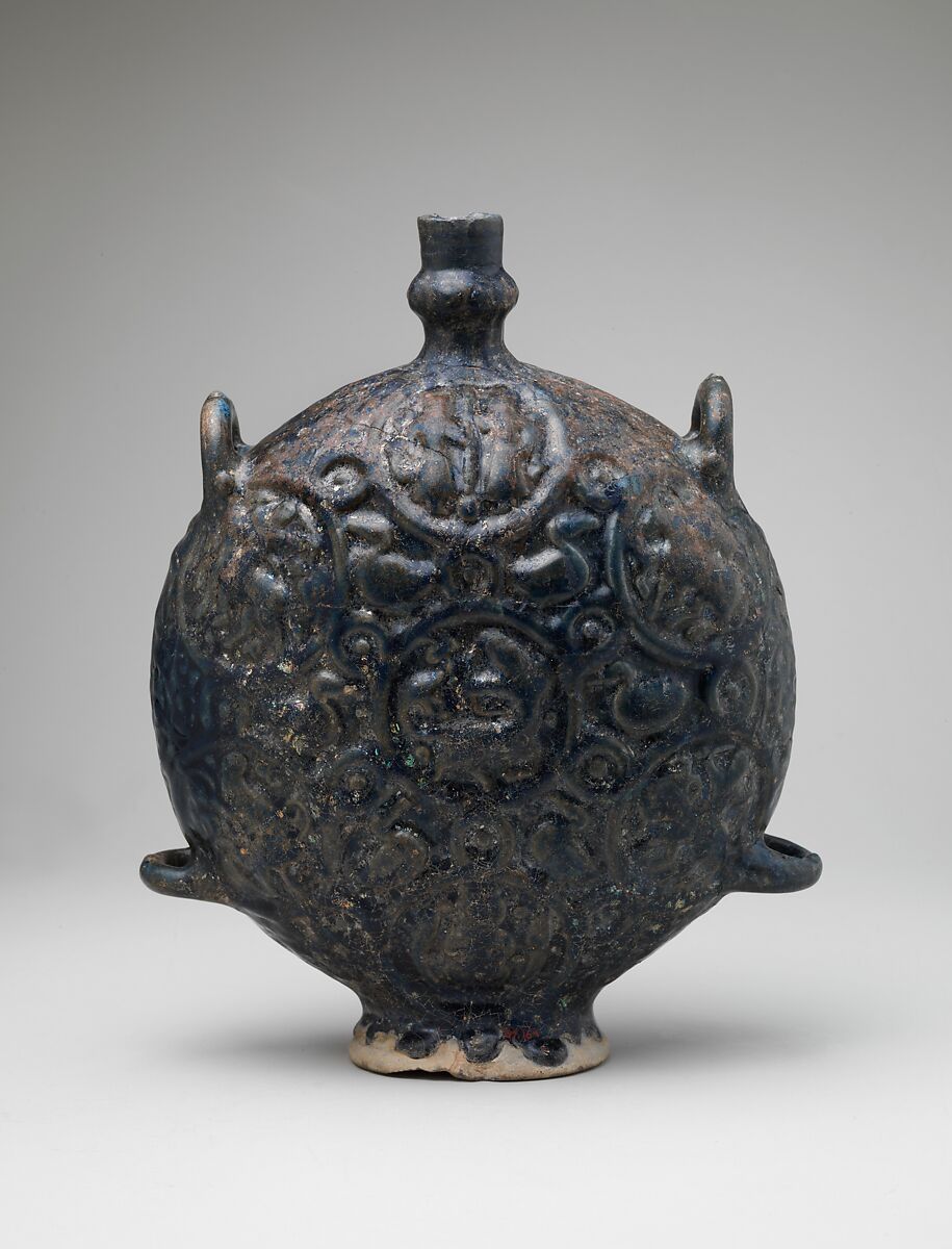 Flask with Zodiac Medallions, Stonepaste; molded, blue-glazed, overpainted, and gilded