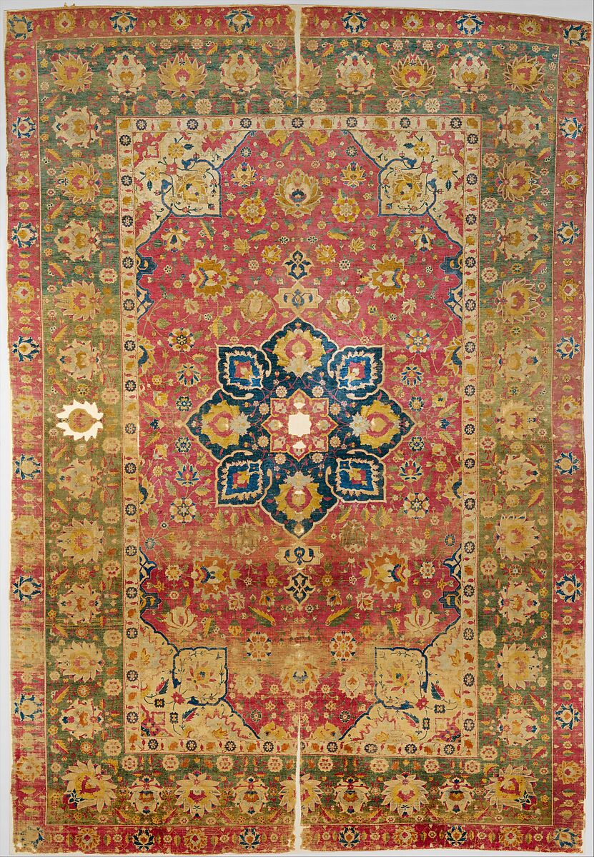 Silk Kashan Carpet, Silk (warp, weft and pile); asymmetrically knotted pile 