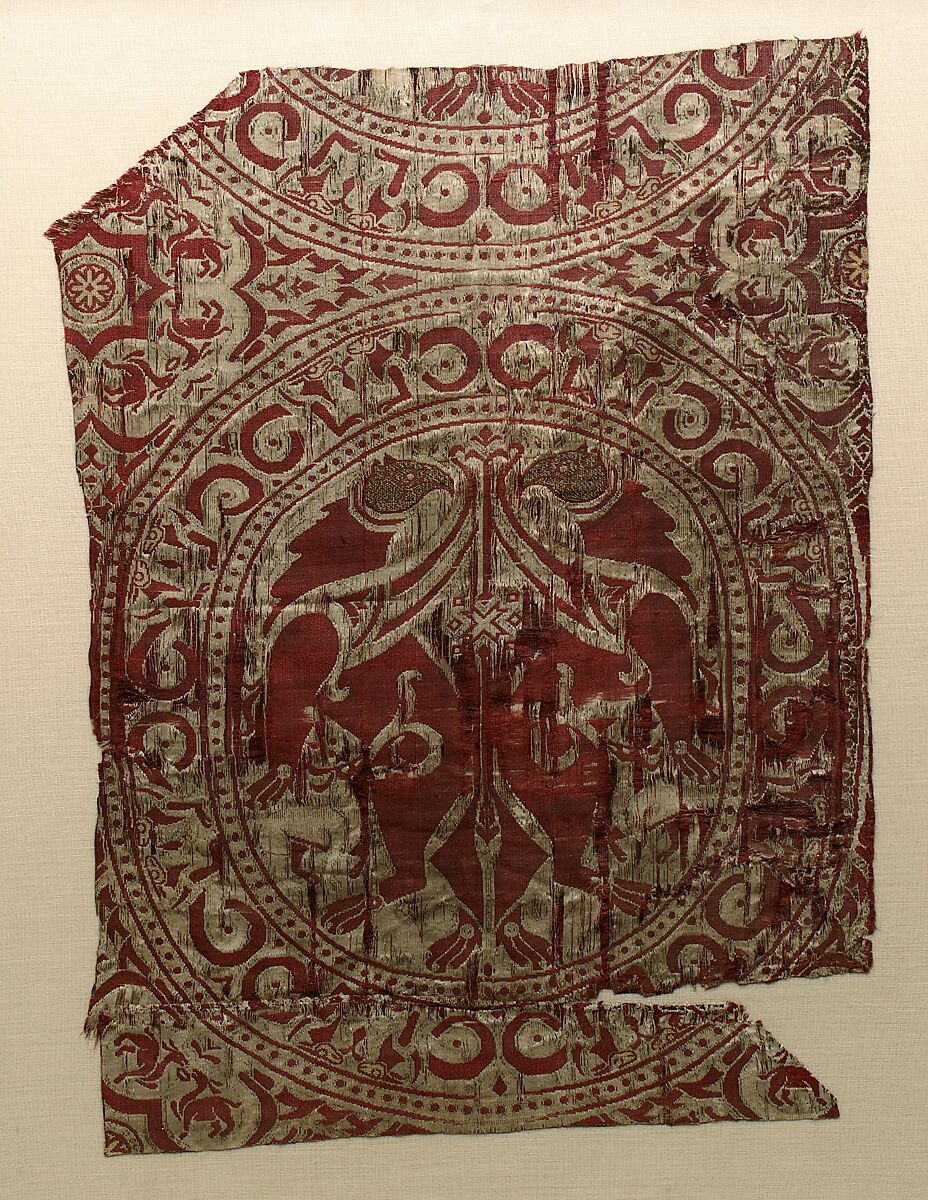 Textile Fragment from the Shrine of San Librada, Sigüenza Cathedral, Spain, Silk, metal wrapped thread; lampas