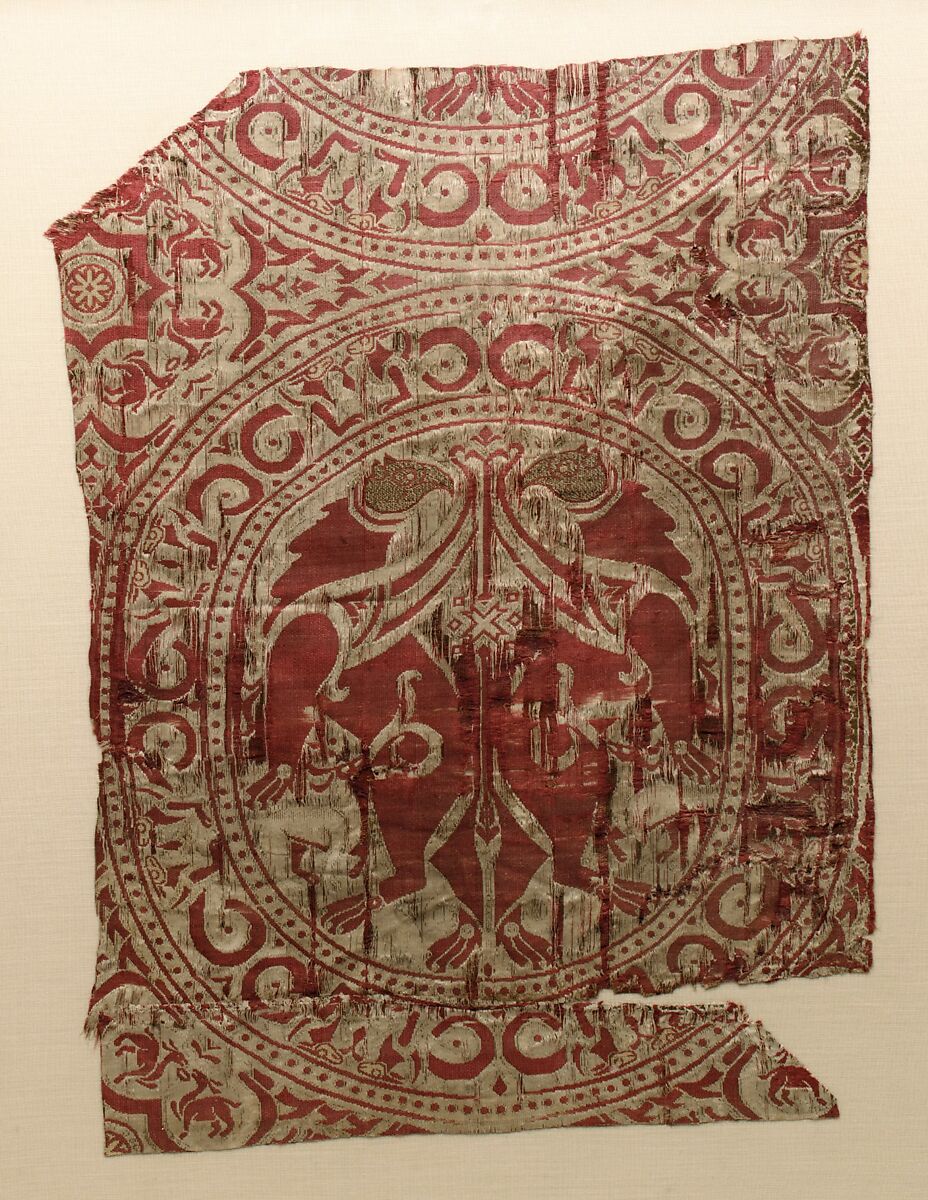 Textile Fragment from the Shrine of San Librada, Sigüenza Cathedral, Spain, Silk, metal wrapped thread; lampas