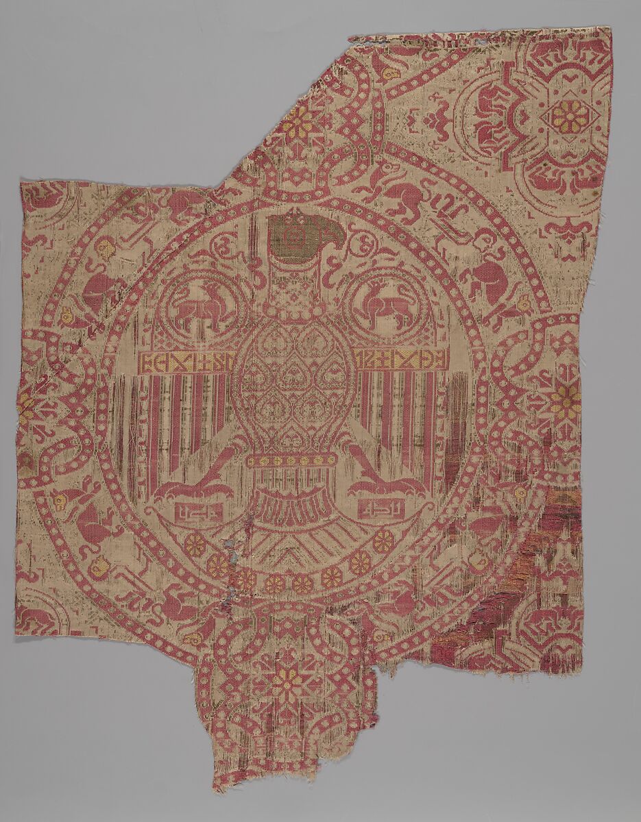 Textile Fragment from the Shrine of San Librada, Sigüenza Cathedral, Spain, Silk, metal wrapped thread; lampas 