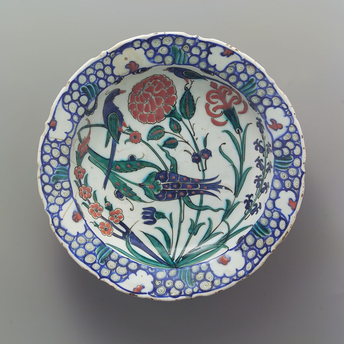 Dish Depicting Two Birds among Flowering Plants, Stonepaste; polychrome painted under transparent glaze