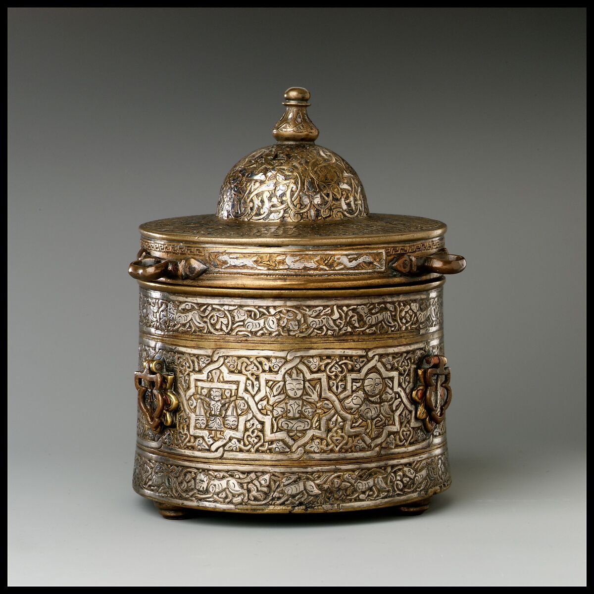 Inkwell with Zodiac Signs, Brass; cast, inlaid with silver, copper, and black compound