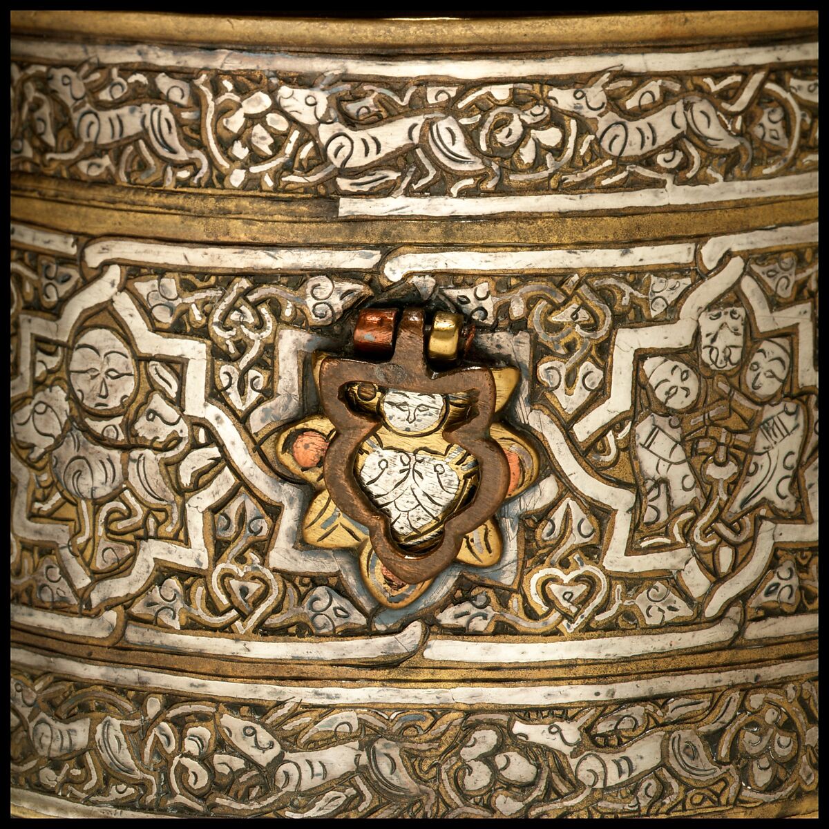 Inkwell with Zodiac Signs, Brass; cast, inlaid with silver, copper, and black compound