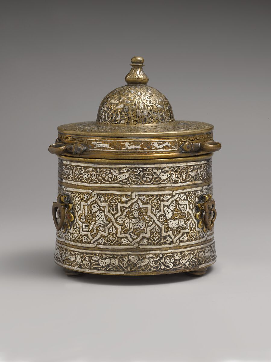 Inkwell with Zodiac Signs, Brass; cast, inlaid with silver, copper, and black compound 