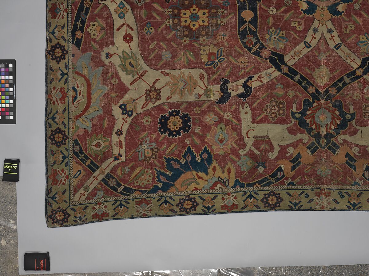 Carpet, Cotton (warp and weft), wool (weft and pile); asymmetrically knotted pile