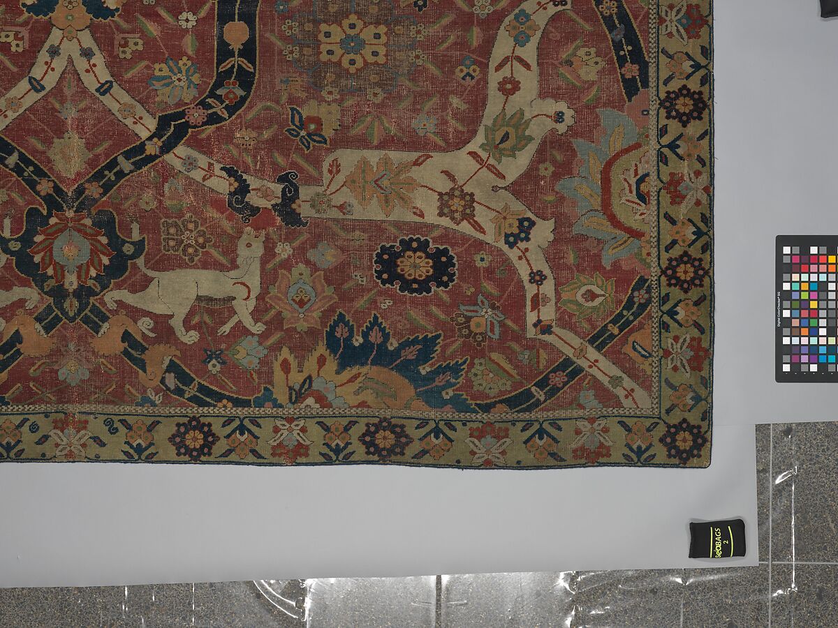 Carpet, Cotton (warp and weft), wool (weft and pile); asymmetrically knotted pile