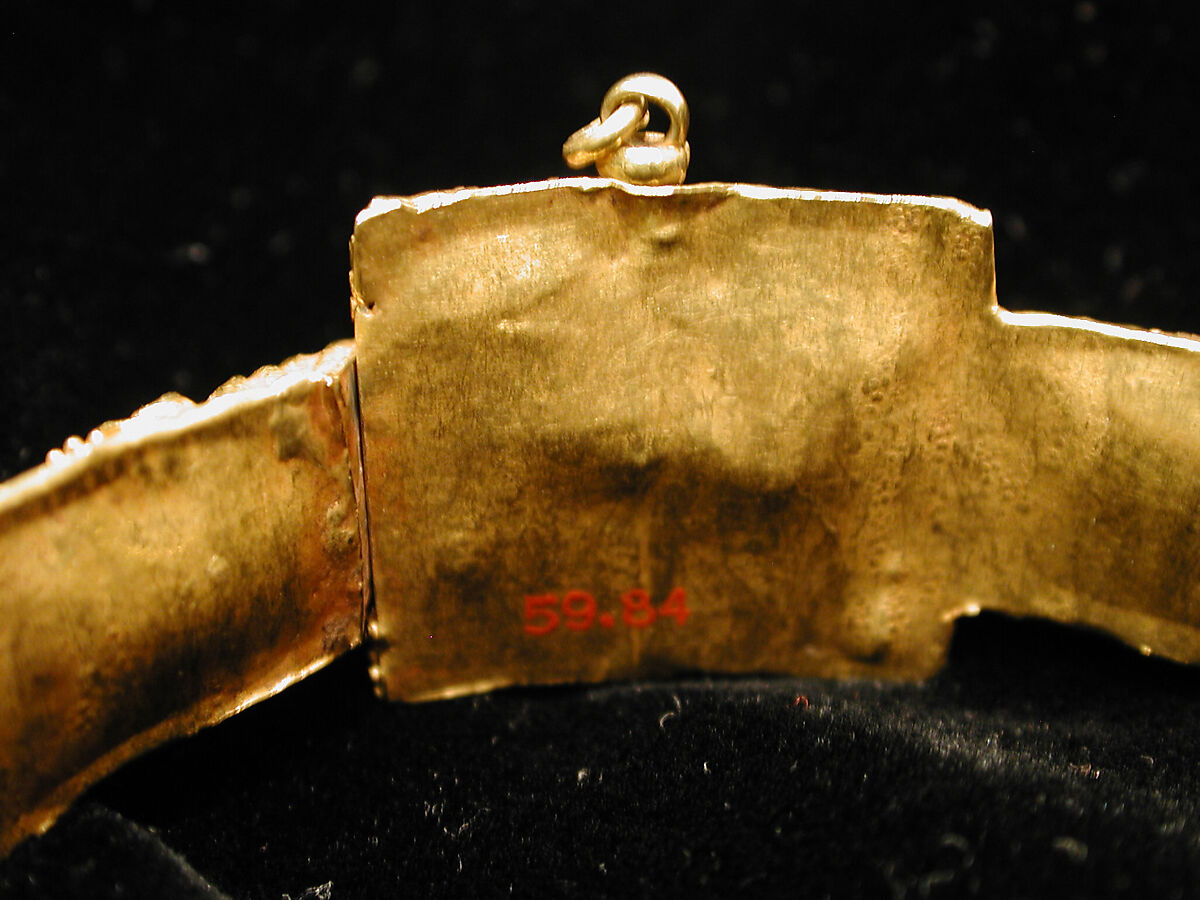 Bracelet, Gold, fabricated from sheet, decorated with bitumen-highlighted incising, granulation, and repoussé, set with glazed quartz, ruby, garnet, and, originally, two other stones
