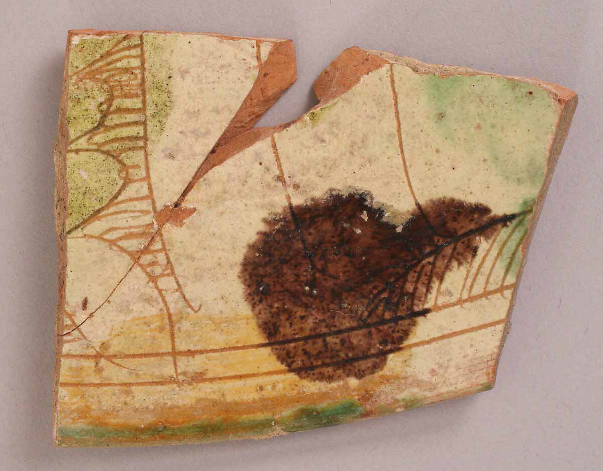 Fragment, Earthenware; slip painted, incised, and splash glazed 