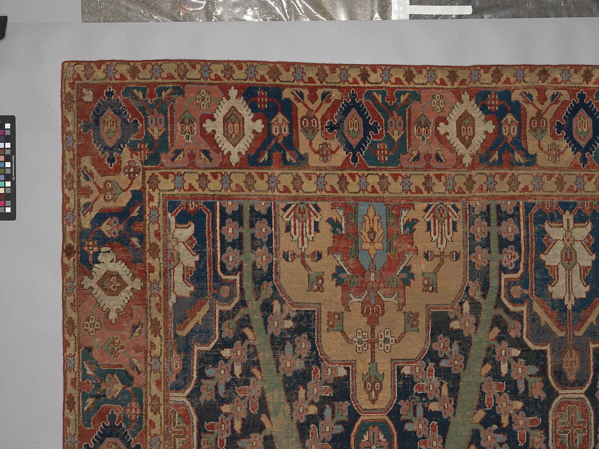 Carpet with Tree and Cartouche Design, Cotton (warp and weft), wool (pile); asymmetrically knotted pile